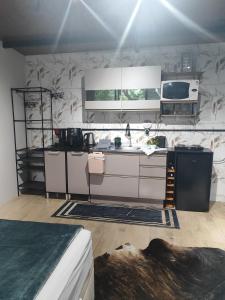 une cuisine avec un évier et une cuisinière dans l'établissement Cabana Pé da Serra, à São Vendelino