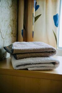 une pile de serviettes posée sur une étagère dans une salle de bain dans l'établissement Cozy house with courtyard, à Munich