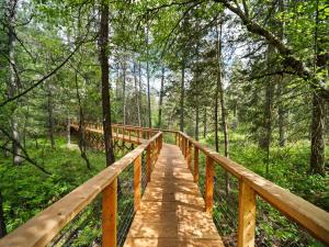 een houten brug in het midden van een bos bij Adullam Rustic Cabin in Colbert +44 foto's