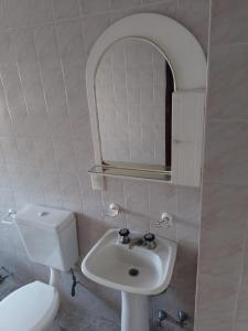 Un baño con inodoro, lavabo y espejo. en Hotel Lacar, en Mar del Plata