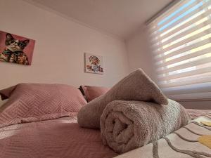 Sector Norte 1 Dormitorio في أنتوفاغاستا: غرفة نوم مع سرير مع صورة قطة على الحائط