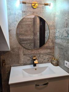 un bagno con lavandino e specchio di Vila Sebas a Zărneşti Altre 9 foto