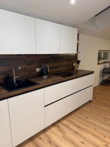 een keuken met witte kasten en een spoelbak bij Leni Vacation Rental in Hattert +6 foto's
