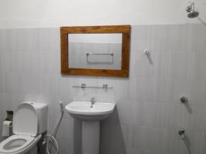 a bathroom with a sink and a toilet and a mirror at Share Safari Cottage in Udawalawe