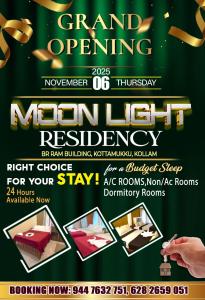 Een flyer voor de feestelijke opening van een luxe restaurant. bij Moonlight Residency in Kollam