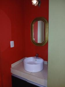 a bathroom with a white sink and a mirror at Abuela Chela in Villa Carlos Paz +18 photos