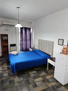 a bedroom with a blue bed and a window at Alojamiento Entero con Excelente Ubicación in Morón