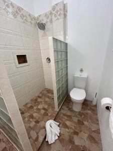 a bathroom with a shower and a toilet in it at Agape Suites-Room 4- 1st Floor in Soufrière +14 photos