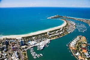 an aerial view of a harbor with boats in the water at Brisbane Road Apartments Mooloolaba in Mooloolaba