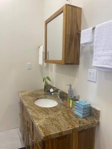 Harbour Place Suites في بلاسينسيا فيليدج: طاولة حمام مع حوض ومرآة