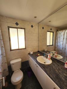 a bathroom with a toilet and a sink and a mirror at Mi casa es tu casa in La Serena