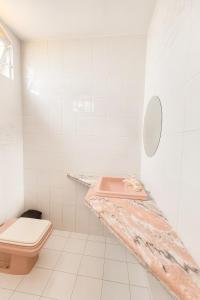 a bathroom with a pink sink and a toilet at Studio Privativo a 3 min Centro c Ar Condicionado in Uberlândia