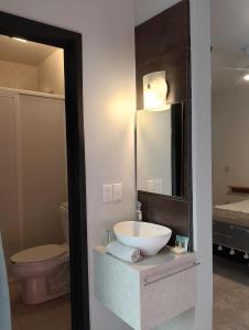 a bathroom with a sink and a toilet and a mirror at Un Sueño Valle de Huajes in Oaxaca City +108 photos