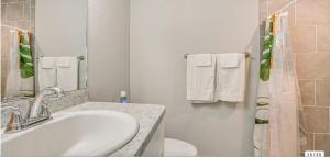 un bagno con lavandino, WC e asciugamani di Rainbow Springs Kozy Getaway a Dunnellon