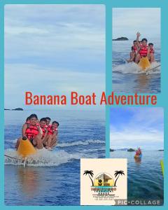 a group of children riding on a surfboard in the ocean at Immipuggo Transient House in Dipaculao