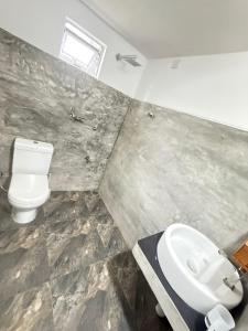 Pineapple Surf Villa في آهانغاما: حمام مع مرحاض ومغسلة