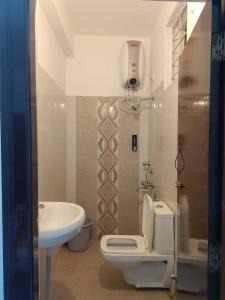 un baño con inodoro y lavabo en Luxury Villa Rooms Phamacity Genome Valley, en Turkapally