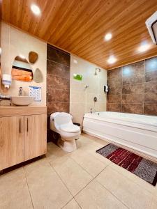 um banheiro com banheira, vaso sanitário e pia em Cabaña Valle De La Laguna, jacuzzi y vista al Lago em Aquitania mais 57 fotografias