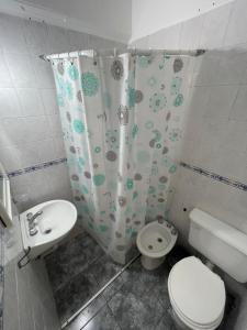 ビージャ・ヘセルにあるLos Manantialesのトイレとシャワーカーテン付きのバスルーム