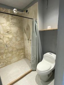 a bathroom with a toilet and a shower at Nakawe Guatape in Guatapé +4 photos