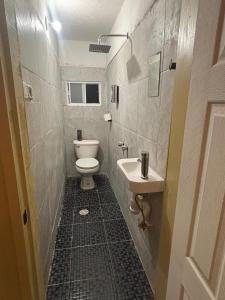 Hostal Casa Herrera في غواذالاخارا: حمام صغير مع مرحاض ومغسلة