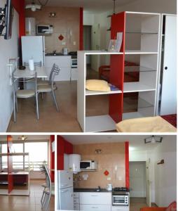 een keuken en een woonkamer met een tafel in een kamer bij Monoambiente en Miramar in Miramar