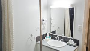 ein Badezimmer mit Waschbecken und Spiegel in der Unterkunft Motel Le Grande in Albany