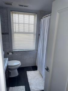 a bathroom with a white toilet and a window at The Cozy Luxe Retreat, Central West End in Saint Louis