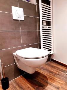 a white toilet in a bathroom with a wall at Le saphire St Affrique hyper centre ville in Saint-Affrique