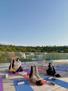 제주 신성의 숲 웰니스 호텔 في Haean: مجموعة من الناس يقومون باليوغا على الأرض