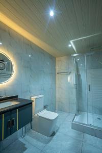 a bathroom with a toilet and a shower and a sink at Lavee Villa Ella in Ella