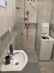 y baño con ducha y lavamanos. en APARTMÁN KATKA Liptovský Mikuláš, en Liptovský Mikuláš