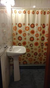 un bagno con tenda da doccia e lavandino di Complejo Zara a Villa Carlos Paz