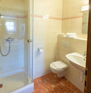uma casa de banho com um chuveiro, um WC e um lavatório. em Hotel Simmerlwirt em Niederau