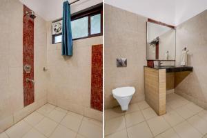 two pictures of a bathroom with a toilet and a sink at Hotel O Ashtley Hall Dehradun Formerly Daichi in Dehradun