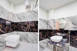 two pictures of a bathroom with a toilet and a sink at Super Townhouse Oak Prayagraj Allahabad University - Railway Junction Formerly Ballians in Prayagraj