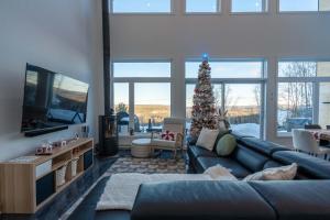 a living room with a christmas tree and a couch at Chalet Le Valkea - Spa & Mountain in Saint Come