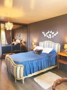 een slaapkamer met een bed met blauwe lakens en een spiegel bij les gites du verger in Recey-sur-Ource