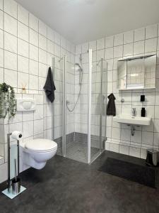 un bagno con doccia, WC e lavandino di Ferienwohnung - An der Oder a Barbis