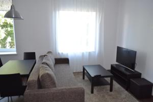 ein Wohnzimmer mit einem Sofa, einem Tisch und einem TV in der Unterkunft NG Apartments in Plungė
