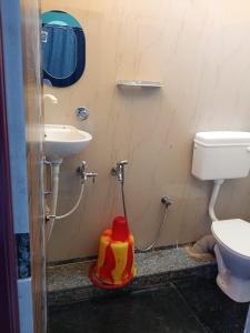 Jāmbにあるsky birds hotel & restaurantのバスルーム(洗面台、トイレ、シンク付)