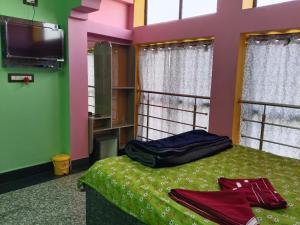 Jāmbにあるsky birds hotel & restaurantのベッドとテレビと窓のある寝室