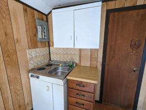 Tiny Wood Cottage 12 في واساغا بيتش: مطبخ صغير مع حوض وموقد