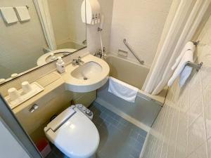 a small bathroom with a sink and a toilet at Takatsuki W and M Hotel in Takatsuki +15 photos