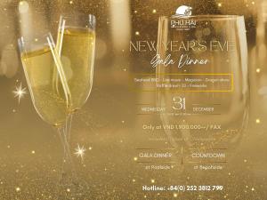 a new years eve wine dinner ticket with two champagne glasses at Phu Hai Beach Resort & Spa Phan Thiet in Mui Ne