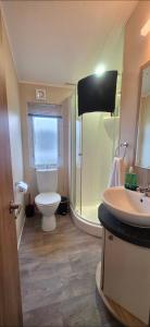 a bathroom with a toilet and a shower and a sink at Bay View Lodge in Heysham +45 photos