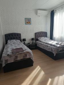ein Schlafzimmer mit 2 Betten und einem Tisch mit Lampen in der Unterkunft Апартамент за гости Парадайс in Malko Tŭrnovo