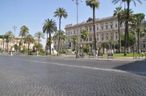 an empty street in front of a building with palm trees at Domus Cavour Guest house in Rome