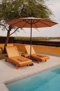 an umbrella and two lounge chairs next to a pool at Aerys Village in Somone