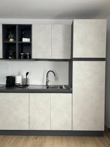 een keuken met witte kasten en een spoelbak bij Bormio365 Chalet in Valdisotto